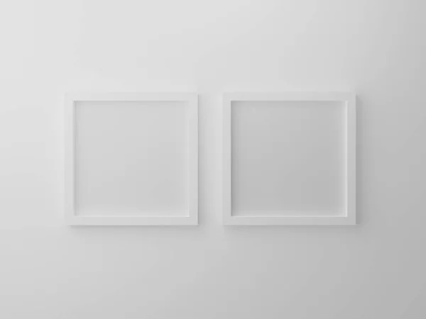 空白正方形空相框隔离在工作室的白墙上 三维渲染产品对象的设计概念 空两张挂在灰色背景纹理上的纸片 用于模拟和放置图像 — 图库照片