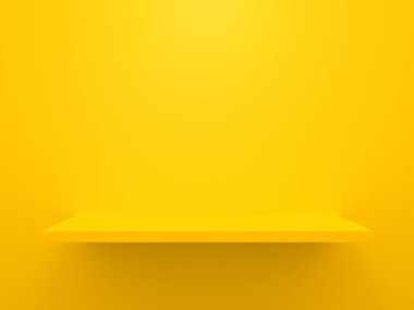 Sarı 3D raflar, konsept oluşturmak için arka plan şablonunda izole edildi. Boş yatay mağaza rafı ya da kitapçıdaki duvar dokusuna asılı kitaplık. Ürün nesnesi için 3d hazırlama tasarımı.