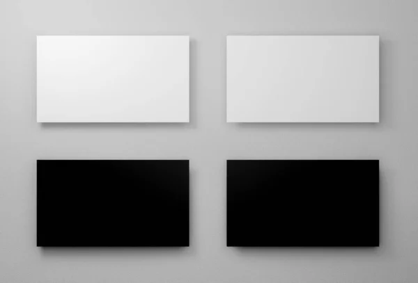 在灰色背景纹理上模拟黑白隔离的卡片三维渲染 空白四水平纸模板 阴影显示和品牌 空格名称设计演示 — 图库照片