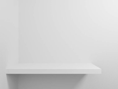 Boş perakende mağaza rafı, konsept geliştirmek için gri vintage arka plan şablonuna izole edilmiş. Kitapçıdaki duvar dokusunda asılı beyaz kitaplık. Ürün nesnesi için 3d hazırlama tasarımı.