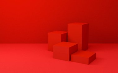 Geometrik şekilli soyut kırmızı küp arkaplan dokusu. Web sitesinde gösterim ürünü için 3D tasarım. Kırmızı podyum sahnesi konsepti olan minimalist bir model. Reklam ve afiş için boş vitrin.