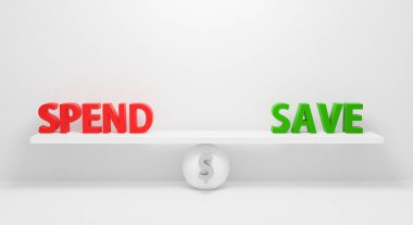 İzole edilmiş olarak beyaz arkaplanda harcayın ya da kaydedin. Kavramsal iş kavramı. Web sitesinde pankart için 3D tasarım. Harcama ve tasarruf arasındaki gri küre topunu sembolize et. Finans tasarımı.