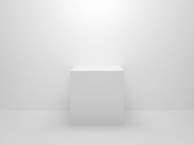 3D sergi standı. Beyaz boş podyum sunum ve sergi için gri arka planda izole edildi. Model mağazası için soyut 3D küp. Sergi ürünleri için kaldırım taşı. İç sahne tasarımı.