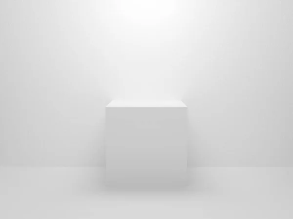 3D sergi standı. Beyaz boş podyum sunum ve sergi için gri arka planda izole edildi. Model mağazası için soyut 3D küp. Sergi ürünleri için kaldırım taşı. İç sahne tasarımı.