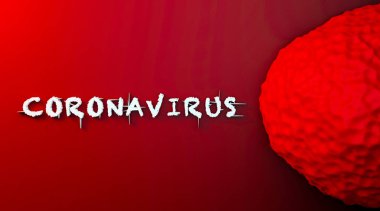 Kırmızı kan arka planında Coronavirus bakteri hücresi (Mers-Cov). Tehlikenin ve korkunun 3 boyutlu bakteri hücresi. 3D metin tasarımı. Sağlık ve sağlık hizmetleri. Virüs salgını. Soyut hücre sembolü.