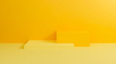 3D sarı podyum. Duvarın arka planında geometrik şekilli soyut pastel. Terfi için parlak sarı küpler. Web sitesinde gösterim ürünü ve sunum için 3d sunum tasarımı. Yaratıcı fikir asgari.
