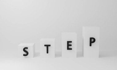 Geometrik şekilli, beyaz zemin üzerinde üç boyutlu soyut beyaz kutular. İş küpü podyumu ya da merdiven sembolü tasarımı. Başarı fikrine geç. Web sitesinde gösterim ürünü, sunum ve afiş için 3d hazırlama.