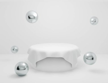 Ödül töreni için soyut silindir kaidesi. Web sitesinde ürün sunumu ya da vitrin standı için 3d sunum tasarımı. Beyaz kürsü gri arka planda izole edilmiş. Boş boşluk.