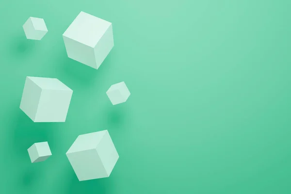 Geometrik şekilli yeşil desenli üç boyutlu beyaz küp kutular. Web sitesinde sergi ürünü, sunum ve afiş için Art 3d küp arkaplanı. Reklam için boş bir vitrin. Asgari.