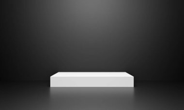 3D sergi standı. Sunum ve sergi için gri siyah arkaplan üzerine beyaz boş podyum. Mağaza için soyut 3D podyum karanlığı. Sergi ürünleri için kaldırım taşı. İç sahne.
