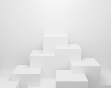 Duvar arkaplan dokusunda geometrik şekilli soyut beyaz ışık. Web sitesinde gösterim ürünü için 3D tasarım. Gri podyum sahne konsepti olan bir model. Reklam ve afiş için boş vitrin.