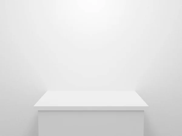 3D sergi standı. Sunum ve sergi için beyaz dokuya izole edilmiş boş podyum. Ekran ürünü için boş tablo arkaplanı. Yaya masası. Soyut iç sahne tasarımı. 3d oluşturma.