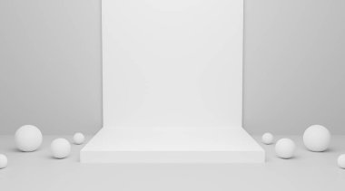 Duvar arkaplan dokusunda sunum ve sergi için geometrik şekilli soyut beyaz boş podyum. 3D tasarım. Sergi ürünleri için kaldırım taşı. 3D sergi standı.