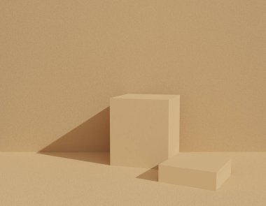 Stüdyo odasında geometrik şekilli soyut bej arkaplan dokusu. Web sitesinde ürün için 3D hazırlama. Krem rengi podyum sahnesi olan en az model. Reklam afişi için boş bir vitrin.