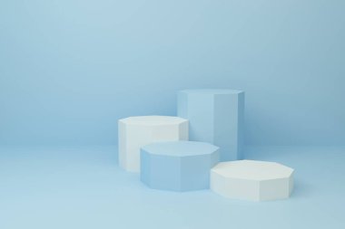 Pastel arkaplan dokusunda geometrik şekilli soyut mavi. Web sitesinde gösterim ürünü için 3D tasarım. Beyaz podyum sahne konsepti olan en az model. Reklam için boş vitrin.