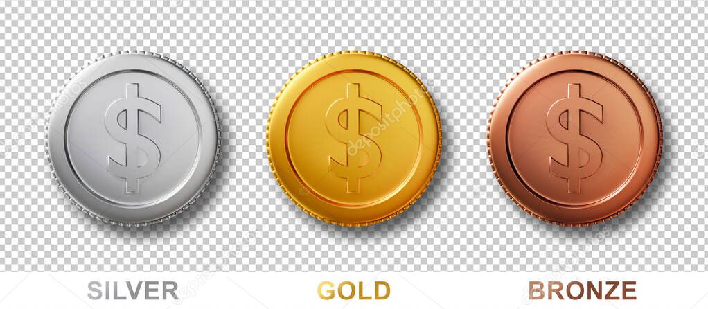3d coins isolated on white background with clipping path. Set of realistic money dollar coin in silver, bronze, gold metal. 3d render idea for mock up, investment, on website. bank cash sign symbol.