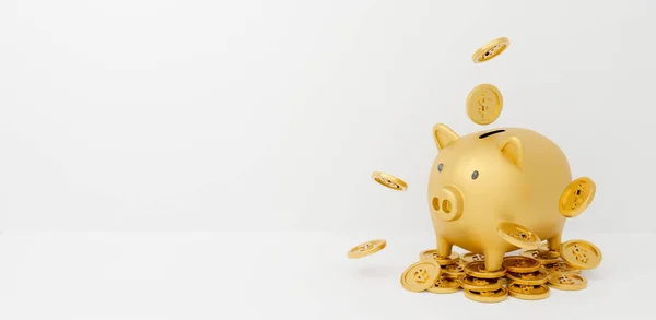 Ouro Piggy Banco Isolado Fundo Branco Abstrato Com Moedas Ouro — Fotografia de Stock