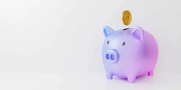 3D pastel domuz kumbarası beyaz arka planda izole edilmiş ve altın sikkeler düşüyor. Yatırım bankacılığı için 3D işlem. Para tasarrufu iş finans. Mor domuz para kutusu ikonu. asgari tasarım.