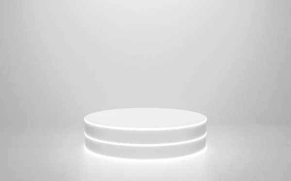 バナーのネオン輝く光と3Dホワイト抽象的な表彰台の背景 ウェブサイト上に表示されます 明るい光で白い背景に隔離された円形の台座 豪華な最小限のインテリア 白いシリンダー — ストック写真