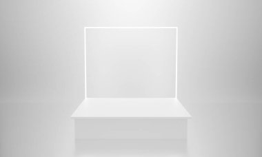 Sancak için neon ışıklı 3d beyaz podyum soyut arka planı, web sitesinde gösterilecek. Beyaz arkaplanda parlak ışıkla izole edilmiş küp kaidesi. Lüks iç mekan. Beyaz stand masası.