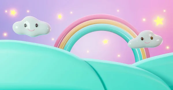 Çizgi film arka planının 3 boyutlu pastel resmi. Güzel yıldızlar bulutlu ve dağlı gökkuşağı. Model, pankart, vitrin, ekran için 3D canlandırma. Yaratıcı fikirler asgari yaz tasarımı.