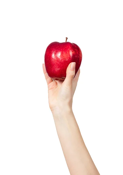 Kvinnans hand hållande ett rött äpple på vit bakgrund — Stockfoto