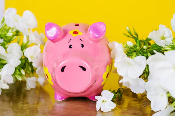 Piggy coin bank on yellow background with flowers