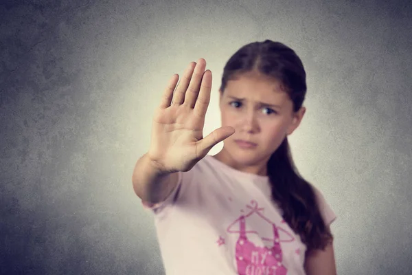 No More Concept,Stop Gesture.Portrait of a little girl with raised hand making No more gesture. — Stock Photo, Image