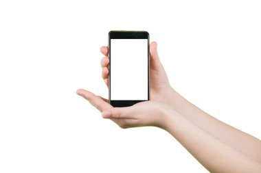 El ele tutuşan akıllı telefon beyaz arkaplanda izole edildi