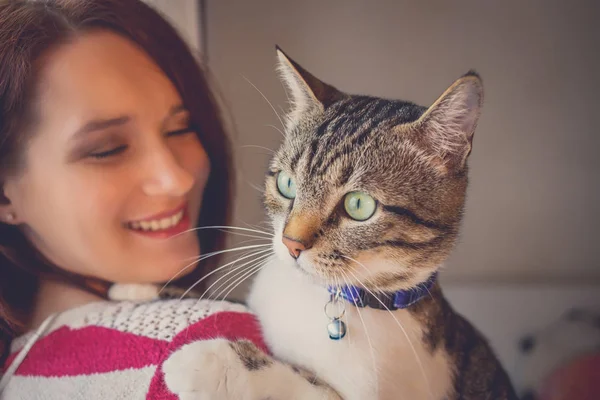 Care.Young 여자 들고 고양이 가정 애완 동물 — 스톡 사진