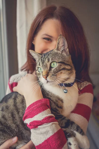 Animais de estimação Care.Young mulher segurando gato em casa . — Fotografia de Stock