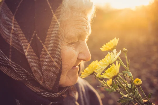 Portrait of senior woman smelling yellow flower in the sunny garden — Stock Photo, Image
