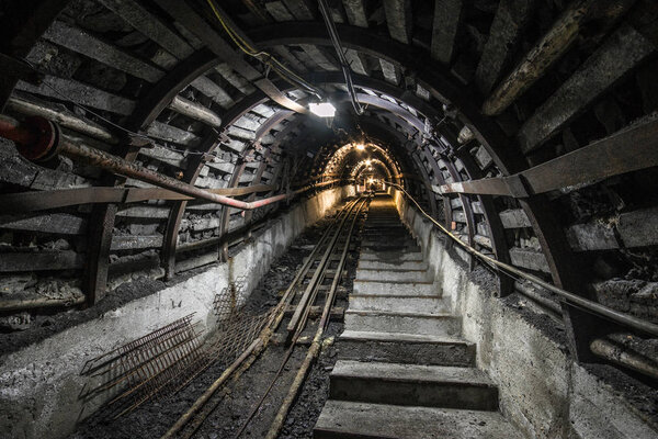 Illuminated, Underground Tunnel in the Mine