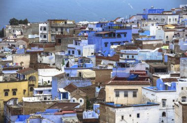 Rif Dağları, Fas, Kuzey Afrika'da Chefchaouen mavi Medine Panoraması