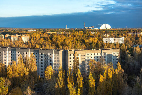 Aerial view of abandoned Pripyat city in Chernobyl Exclusion Zone at autumn time