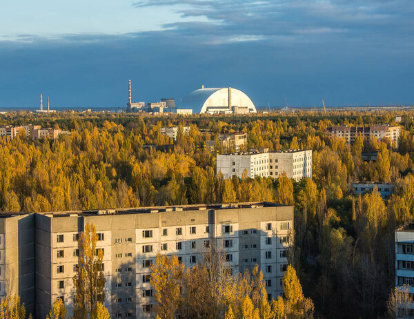 Aerial view of abandoned Pripyat city in Chernobyl Exclusion Zone at autumn time