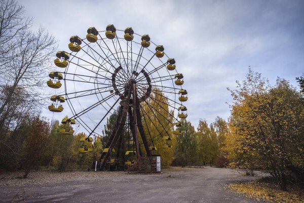 Abandoned Pripyat city in Chernobyl Exclusion Zone at autumn time