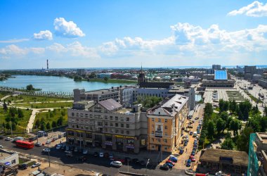 Kazan, Rusya - 10 Haziran 2016: Kazan city scape, Tataristan Cumhuriyeti, Rusya Federasyonu. Kazan şehir çatıdan alınan atış.
