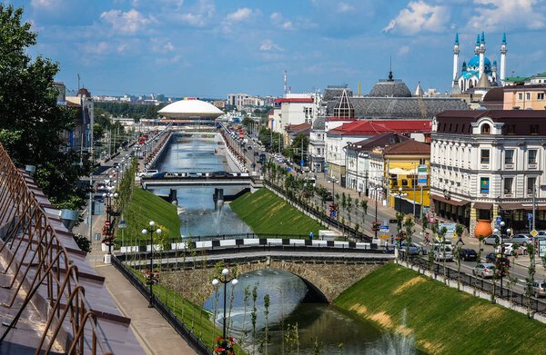 KAZAN, RUSSIA - JUNE 10, 2016: Kazan city scape, Tatarstan Republic, Russia. Shot taken from the rooftop of Kazan city.