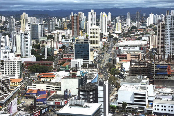 Panama city, Panama - 5 January 2018 - Downtown Skyscrapers, Building cityscape panorama Panama city