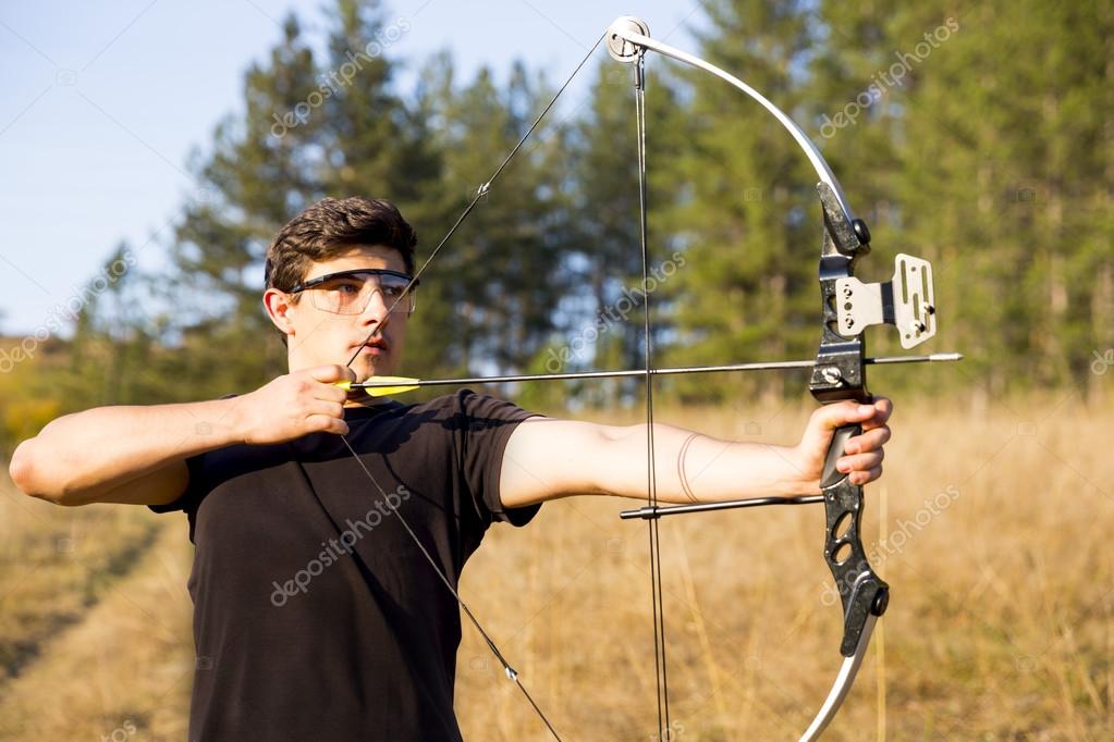 Archer Drawing His Compound Bow Trees Stock Photo By C Belish