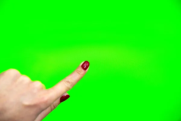 Computer monitor groen scherm vrouw hand — Stockfoto