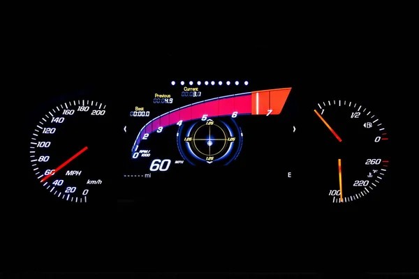Chilometraggio auto luce moderna su sfondo nero 60 MPH — Foto Stock