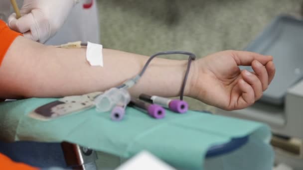 血液捐赠手。护士的手 — 图库视频影像