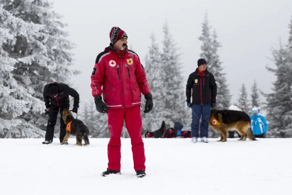 Köpeklerle Kızıl Haç kurtarma ekipleri — Stok fotoğraf