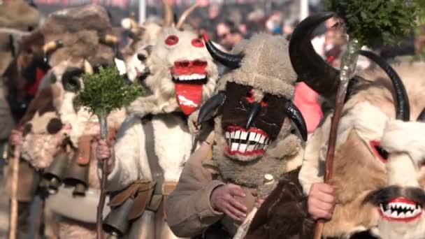 参加者参加了国际化装比赛 Surva 节日促进了古老的保加利亚和外国风俗和面具的变化 慢动作 — 图库视频影像