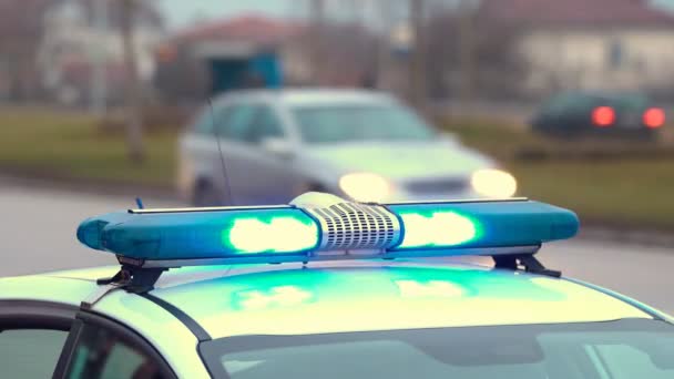 Rendőrségi Figyelmeztető Fényeket Láttak Egy Rendőrautón Úton Egyéb Elhaladó Autók — Stock videók