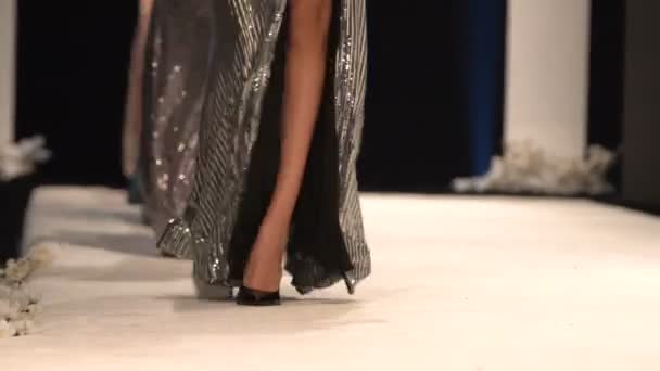 Models Laufen Während Einer Modenschau Wunderschönen Designerkleidern Über Den Laufsteg — Stockvideo