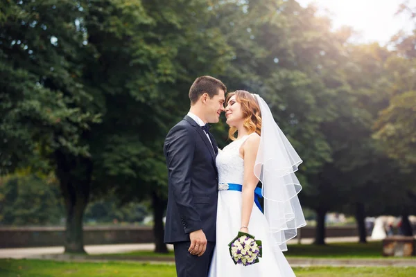 Happy wedding couple in a park — Stock Photo, Image