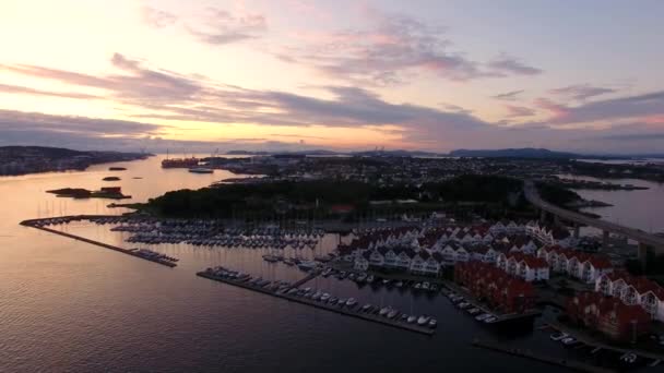 Yachts in the bay of Stavanger, aerial view — Stock Video